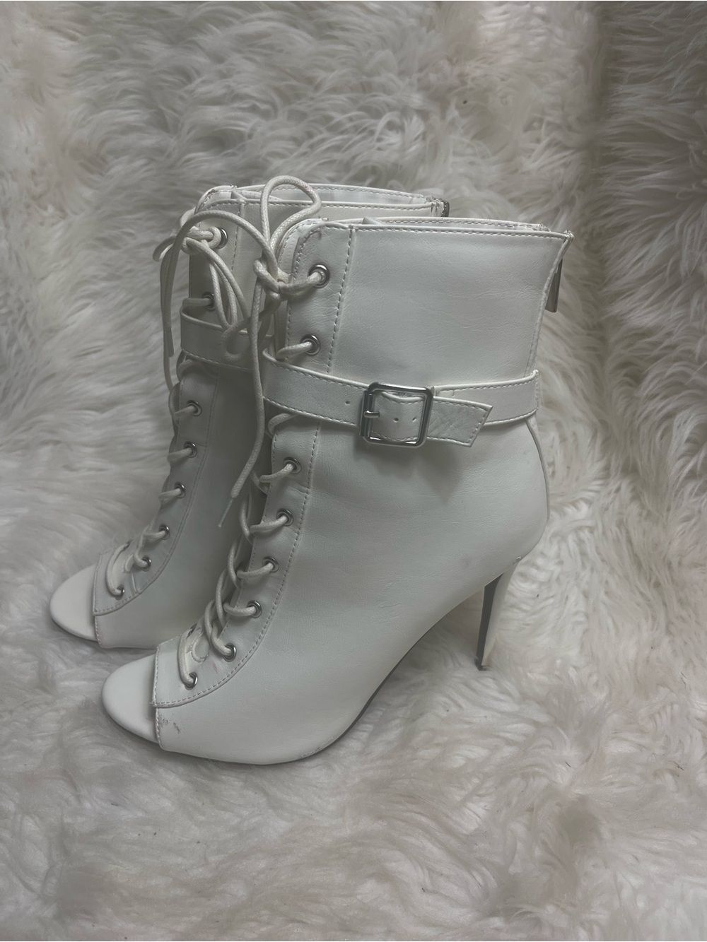 Anne Michelle White Lace-Up Peep-Toe Ankle Boots Buckle accent back zipper SZ11